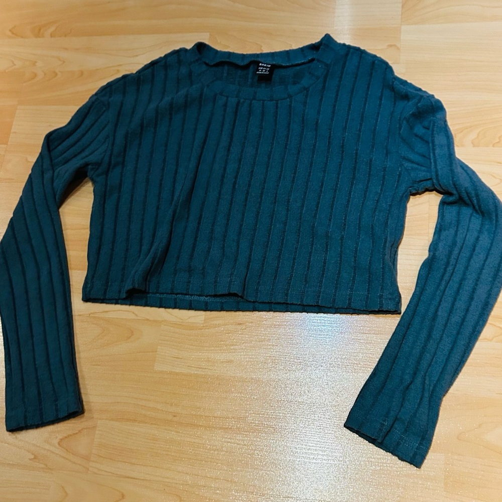 Ribbed Teal Long Sleeve Crop Top